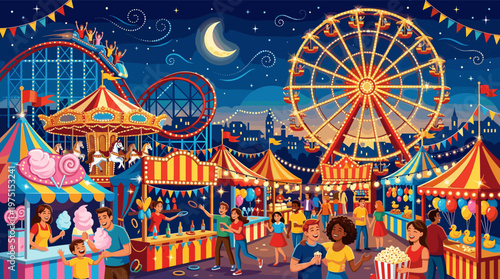 Vibrant illustration of a bustling amusement park at night. Happy people enjoy rides, games, and food under a starry sky. Perfect for festival, family, or event concepts.