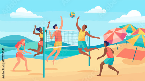 Vector illustration of multicultural friends enjoying beach volleyball. Sunny, vibrant scene ideal for summer promotions, teamwork banners, and healthy lifestyle content.