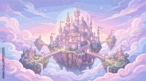 A magical anime-style castle floats on islands among dreamy pastel clouds at twilight. A fantasy illustration for book covers, games, or imaginative backgrounds.