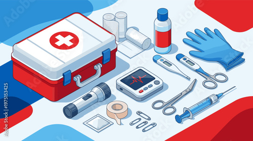 Isometric illustration of a first aid kit and medical supplies. Concept for healthcare, emergency preparedness, safety, and insurance. Vector graphic for web and print.
