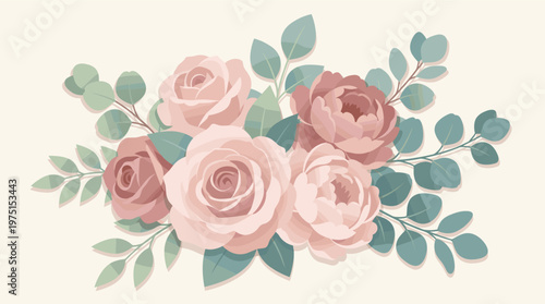 A beautiful vector illustration of a floral bouquet with pink roses, peonies, and eucalyptus. Elegant and romantic design for weddings, invitations, cards, and branding.