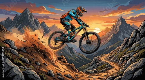 Illustration of an extreme downhill mountain biker jumping on a trail at sunset. Energetic and adventurous scene for sports, action, and outdoor lifestyle concepts.