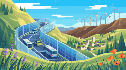 Vector illustration of a futuristic landscape. A solar panel highway and wind turbines power an eco-village, showing a sustainable future with green technology and transportation.