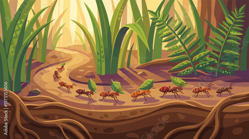 A detailed vector illustration of an ant colony marching in a line, carrying leaves through a sunny forest. A concept for teamwork, diligence, and collaboration.