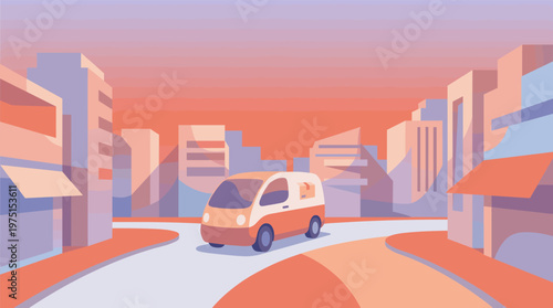 A delivery van on a city road at sunset. This flat vector illustration is ideal for logistics, e-commerce, shipping services, and urban transportation concepts.