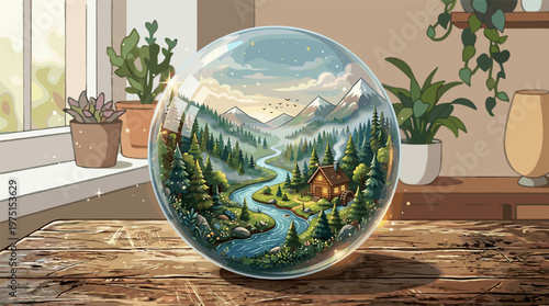 A magical glass ball holds a mountain valley with a cabin and river. Sits on a wooden table, suggesting imagination, escapism, and the wonder of nature. Whimsical illustration.