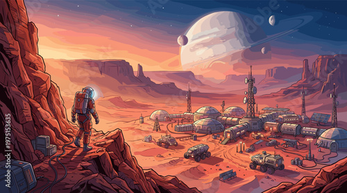 An astronaut views a futuristic colony on a red alien planet. Sci-fi illustration for space exploration, technology, and adventure. Perfect for futuristic concepts.