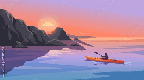 A kayaker paddles on a calm sea near rocky cliffs during a vibrant sunset. Vector illustration for travel, adventure, sport, and mindfulness concepts.