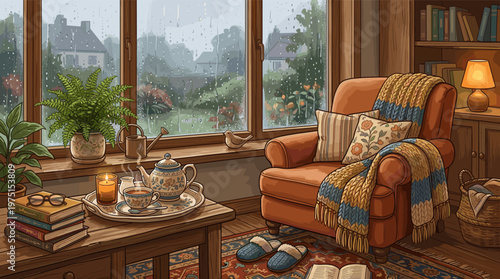 Cozy illustration of a living room on a rainy day. A warm armchair, hot tea, and books create a perfect hygge scene for relaxation and comfort. Ideal for serene backgrounds.