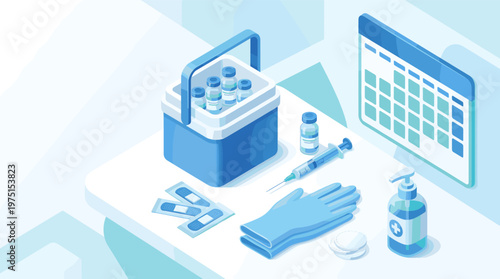 Isometric illustration of vaccination supplies. Includes vaccine vials, syringe, cooler, calendar, and gloves. Ideal for healthcare, immunization campaigns, and medical concepts.