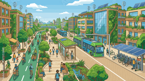 Illustration of a vibrant, sustainable future city with green buildings, solar panels, and electric transport. People enjoy a healthy, eco-friendly urban lifestyle.