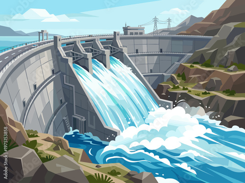 Vector illustration of a large hydroelectric dam generating clean, renewable energy. Water rushes through spillways in a mountain landscape. For ecology and technology concepts.