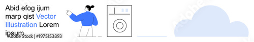 Laundry day, household management, eco-friendly washing, cloud technology, home automation, digital tools. Woman in blue pointing to a washing machine and a cloud symbol. Laundry day and eco-friendly