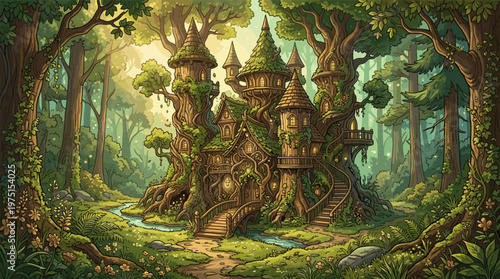 A detailed illustration of a magical treehouse castle in a sunlit, enchanted forest. A whimsical and peaceful fantasy scene for book covers, games, or imaginative projects.