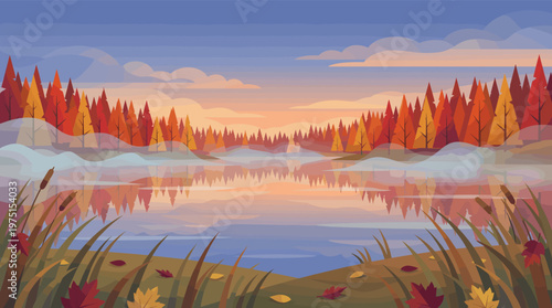 A serene autumn landscape illustration with a misty lake reflecting a colorful forest. Perfect for seasonal backgrounds, web banners, and nature-themed promotional materials.