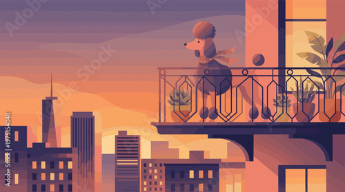 An elegant poodle on a balcony enjoys a serene city sunset. This flat vector illustration evokes a calm, sophisticated mood, perfect for lifestyle or urban living concepts.