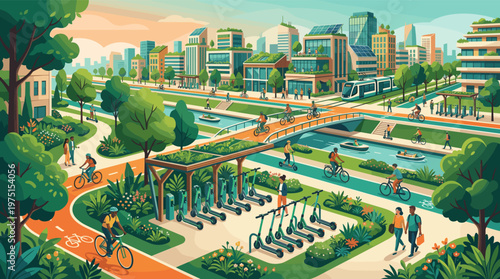 Vibrant illustration of a futuristic, sustainable city. People use bikes, scooters, and trams among green buildings with solar panels. Ideal for eco-friendly urban concepts.