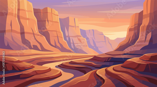 A stunning vector illustration of a vast canyon landscape at sunset or sunrise. Warm orange and purple tones create a serene mood. Ideal for travel, web design, or nature themes.