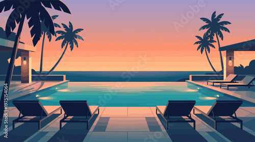 Vector illustration of a tranquil luxury resort with an infinity pool overlooking the ocean at sunset. Perfect for travel, vacation, or relaxation themes. Peaceful and serene mood.