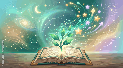 A plant grows from an open magic book, unleashing stars into a cosmic sky. Concept for knowledge, imagination, growth, learning, and new beginnings. Whimsical illustration.