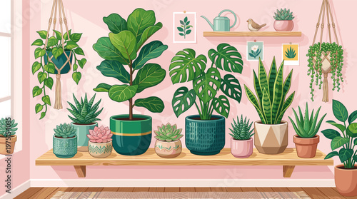 A charming illustration of houseplants like monstera and succulents in a cozy room. Perfect for home decor, lifestyle blogs, gardening content, and wellness concepts.