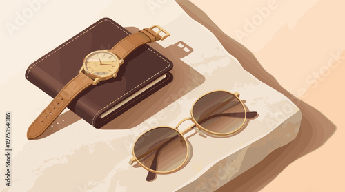 A stylish flat lay illustration of men's essential accessories: a classic watch, leather wallet, and sunglasses. Perfect for fashion, lifestyle, and travel concepts.