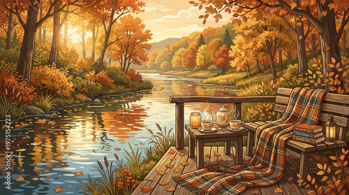 A cozy illustration of an autumn riverside retreat. A warm blanket, books, and hot tea on a dock create a serene, peaceful mood for relaxation and mindfulness.