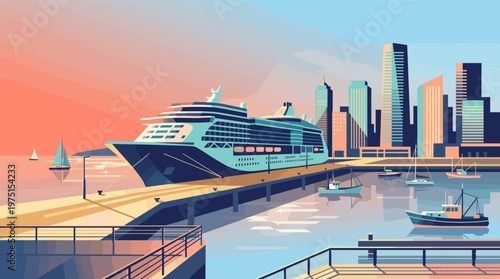 A vector illustration of a large cruise ship docked in a busy city harbor at sunset. This modern, flat design graphic is perfect for travel, tourism, and vacation concepts.