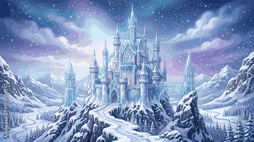 Breathtaking illustration of a fantasy ice palace on a snowy mountain. This magical scene with falling snow is perfect for book covers, game backgrounds, or winter wonderland themes.