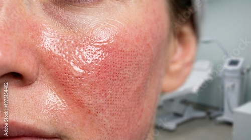 Close up red irritated skin after laser treatment. Depicts post procedure inflammation and recovery in clinical setting. Ideal for dermatology and professional beauty marketing materials.