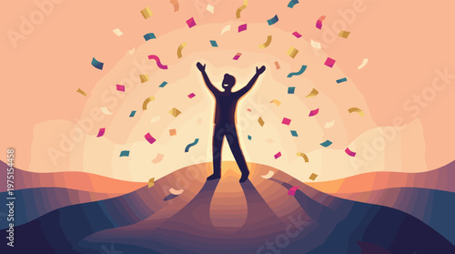 A joyful silhouette stands victorious on a hilltop at sunrise with colorful confetti. A concept of success, achievement, and celebration. Modern flat vector style.