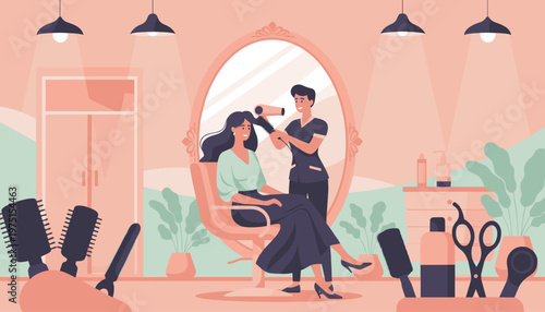 A male hairstylist blow-dries a happy female client's hair in a stylish salon. A flat vector illustration for beauty, wellness, and self-care concepts.
