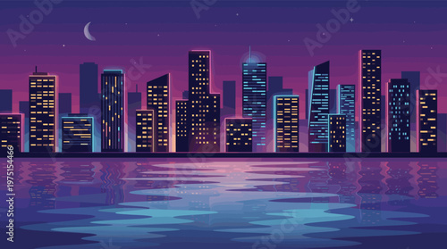 Vector illustration of a modern city skyline at night. Buildings and glowing windows are reflected in the water below. Perfect for backgrounds, banners, and urban themes.