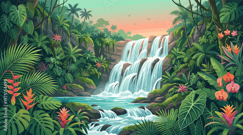 A beautiful, stylized illustration of a jungle waterfall. Lush green foliage, exotic flowers, and a cascading river create a serene paradise scene for travel or nature themes.