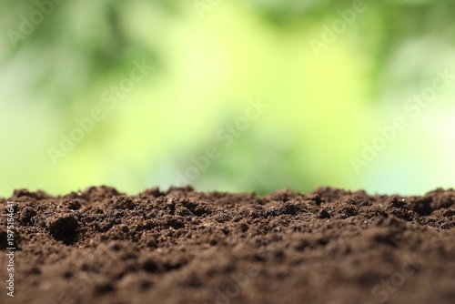 Fresh soil on blurred background, closeup. Space for text
