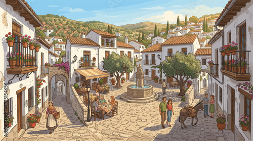 A charming illustration of a sunny Mediterranean village. People enjoy life in the square with a cafe, fountain, and white houses. Ideal for travel, culture, or lifestyle themes.