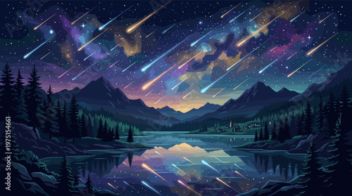 A magical vector illustration of a meteor shower over a peaceful mountain valley and lake. The vibrant, starry night sky reflects in the water. Ideal for backgrounds or fantasy themes.