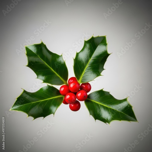 Traditional sprig of holly used for festive winter decoration, featuring waxy green leaves and striking bright red berries against a neutral background, red, botanical, nature