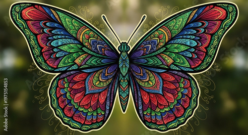 Colorful Butterfly Intricate Mandala Pattern Digital Illustration on Blurred Green Background