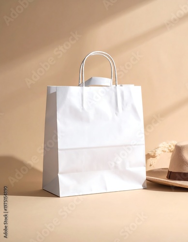 A white paper bag with handles stands against a beige background, with shadows and a straw hat
