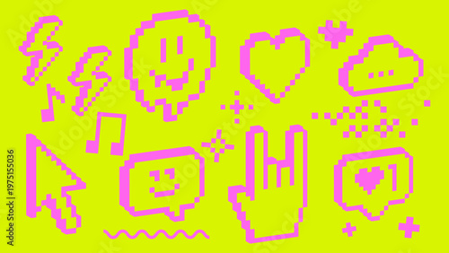 Neon pixel icon set. Social media symbols on bright green background. 8-bit Y2K style stickers. Cursor, chat bubbles, heart, emoji, lightning. Trendy digital vector elements for social media content