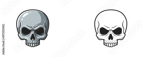 Human skull illustrations in grey cartoon and black linear styles with angry expression in monochrome colors representing anatomy or gothic theme on a white background