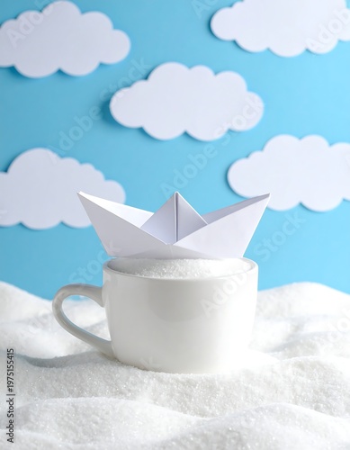 A white paper boat sits atop a mug filled with sugar, with white paper clouds in a light blue backdrop