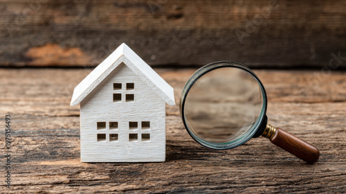 Small white wooden house model beside magnifying glass on rustic wooden surface symbolizing property inspection and detailed real estate evaluation concept