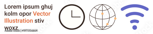 Time management, connectivity, global communication, digital technology, modern networks, efficiency. Minimalist icons of clock, global network and wireless signal. Time management and connectivity