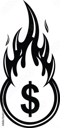 Black and white dollar coin on fire vector illustration for financial crisis and inflation design