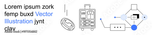 Business travel, currency exchange, blockchain, digital networks, technology innovation, luggage management. Luggage suitcase, currency symbol blockchain connection. Business travel and currency