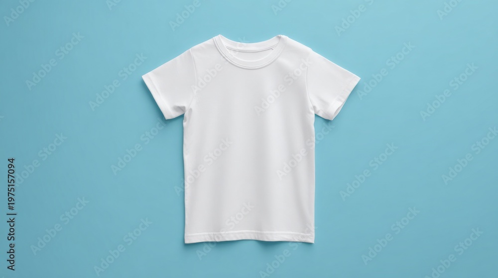 Fototapeta premium Plain white t-shirt on a blue background, ideal for casual wear and branding.