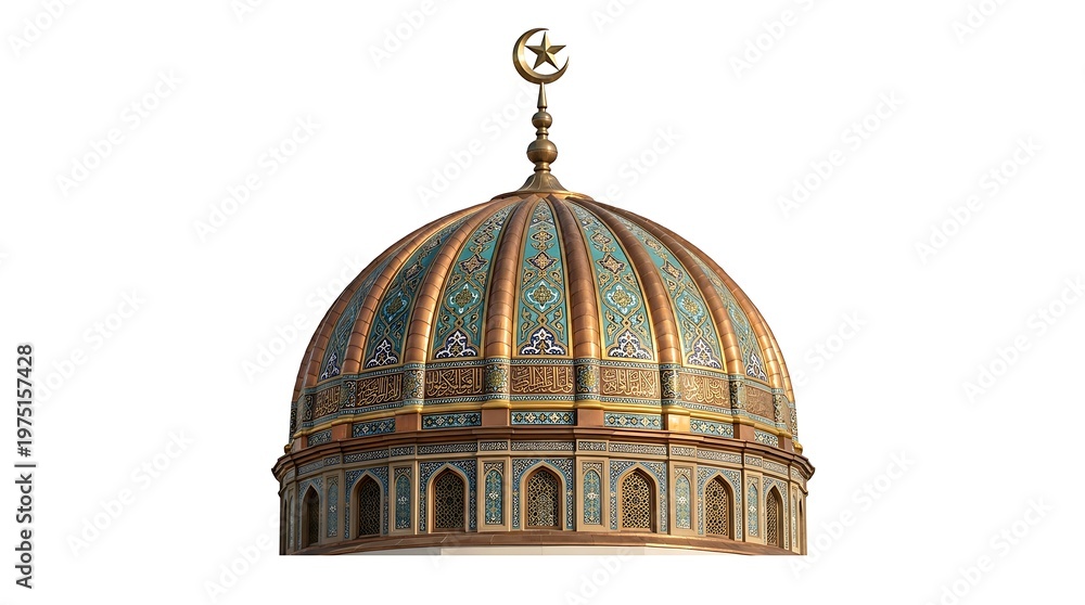 Obraz premium Islamic mosque dome isolated on white background with crescent moon and star