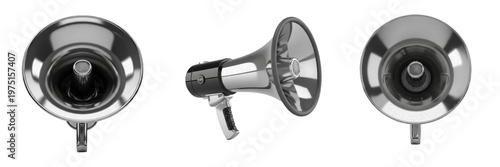 Foto Set of Three Shiny Chrome Megaphone Mockups Isolated on White Background, Realis